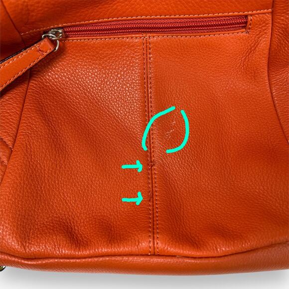 Isaac Mizrahi Leather Handbag Orange Satchel Zip Close Handles Inner Pockets - Picture 14 of 14